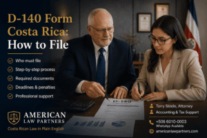 Terry Steele, Costa Rica attorney, working alongside a tax and accounting professional to assist clients with D-140 tax registration filings, tax compliance, corporate obligations, and legal requirements in Costa Rica.